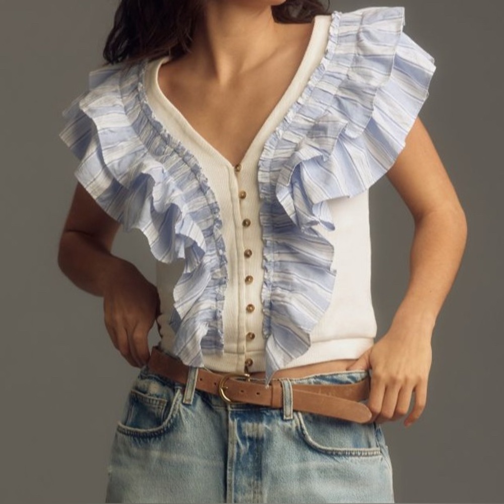 Anthropologie Maeve Cotton Short Sleeve with Ruffle Top
